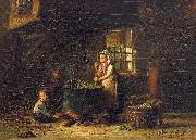 Hendrik Valkenburg An old kitchen with a mother and two children at the cauldron oil painting